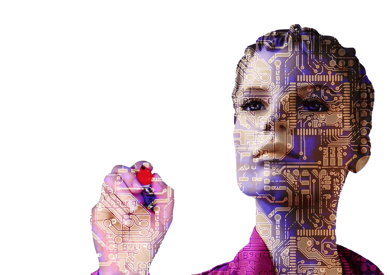 A woman with a robot on her head in a digital marketing context. A woman with a robot on her head in a digital marketing context.