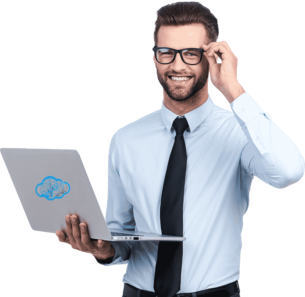 A man holding a laptop with a cloud logo on it, offering digital marketing services. A man holding a laptop with a cloud logo on it, offering digital marketing services.