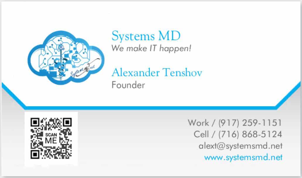 A business card for Systems MD, offering IT services and computer help.