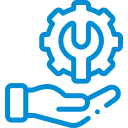 A blue icon representing computer help and website design featuring a hand holding a gear wheel.