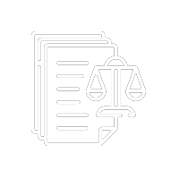A white line icon of a legal document with digital marketing.