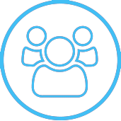 A blue outline icon of a group of people in a circle, representing social media management and website design services.