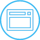 A blue outline icon of a website in a circle for website design.