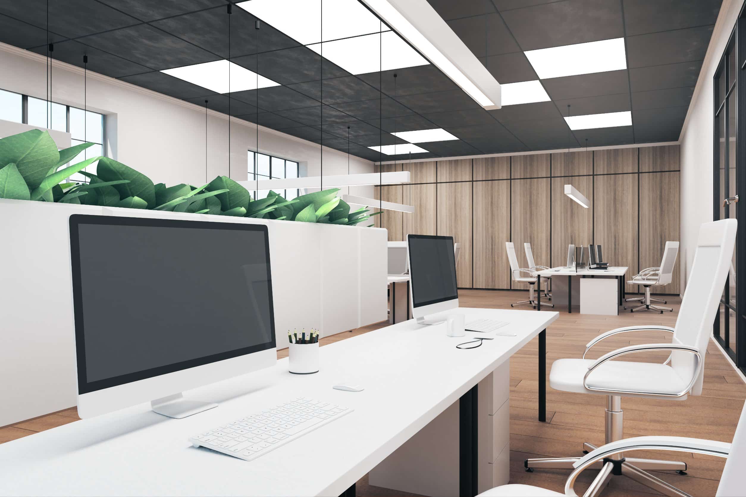 Contemporary office interior with empty computer and coffee cup on desk. Mock up, 3D Rendering